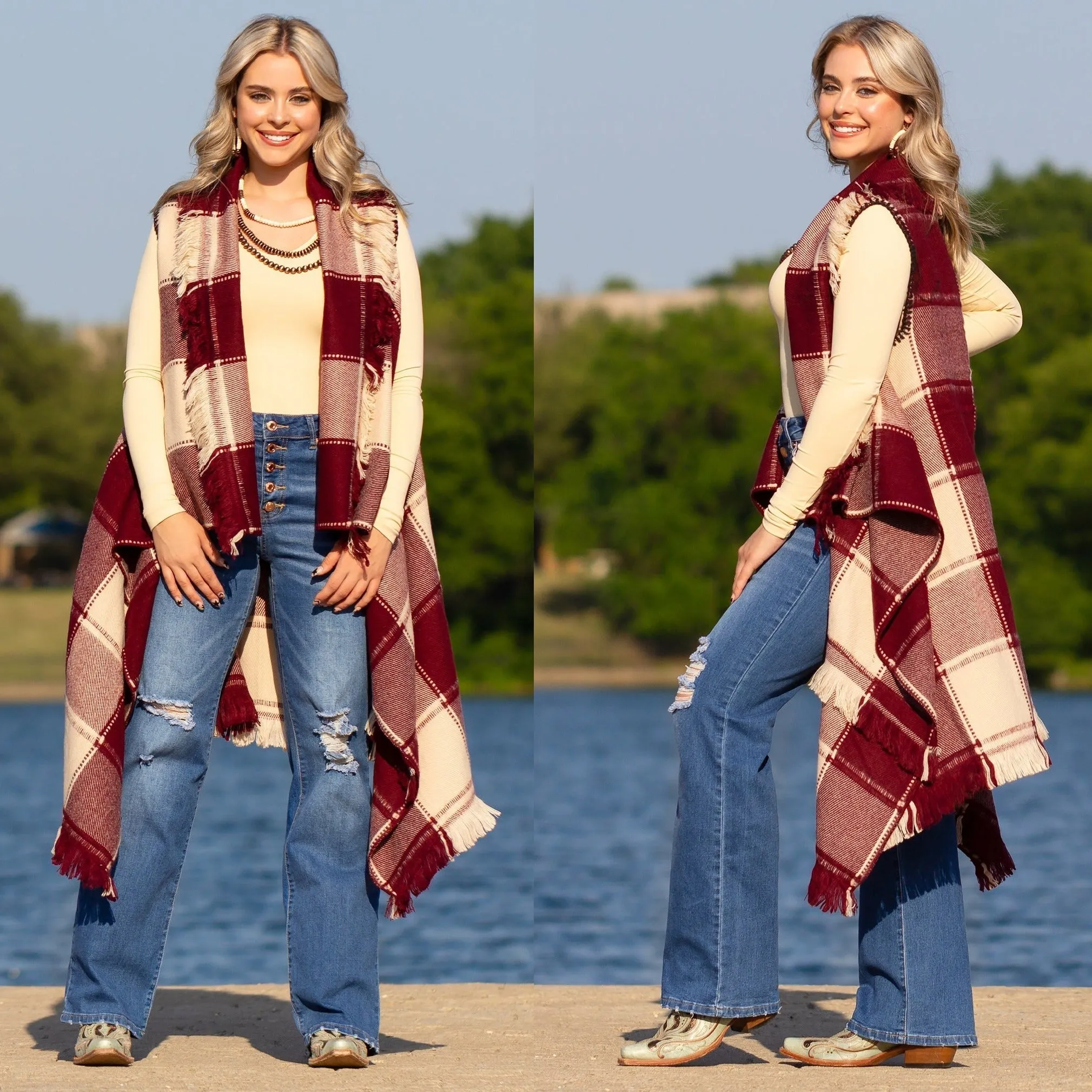 * Maroon & Cream Plaid Sweater Vest