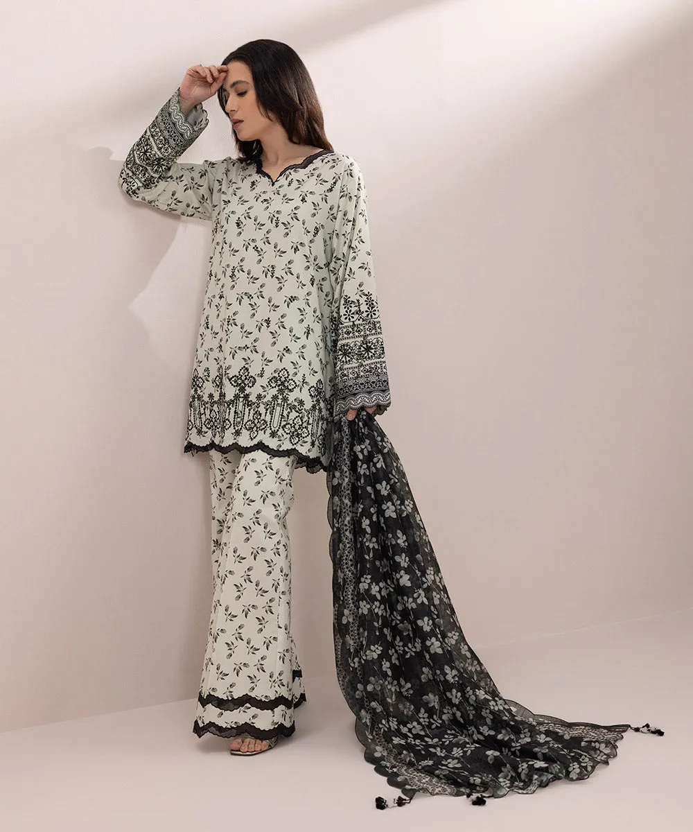 3 Piece - Embroidered Cotton Satin Suit