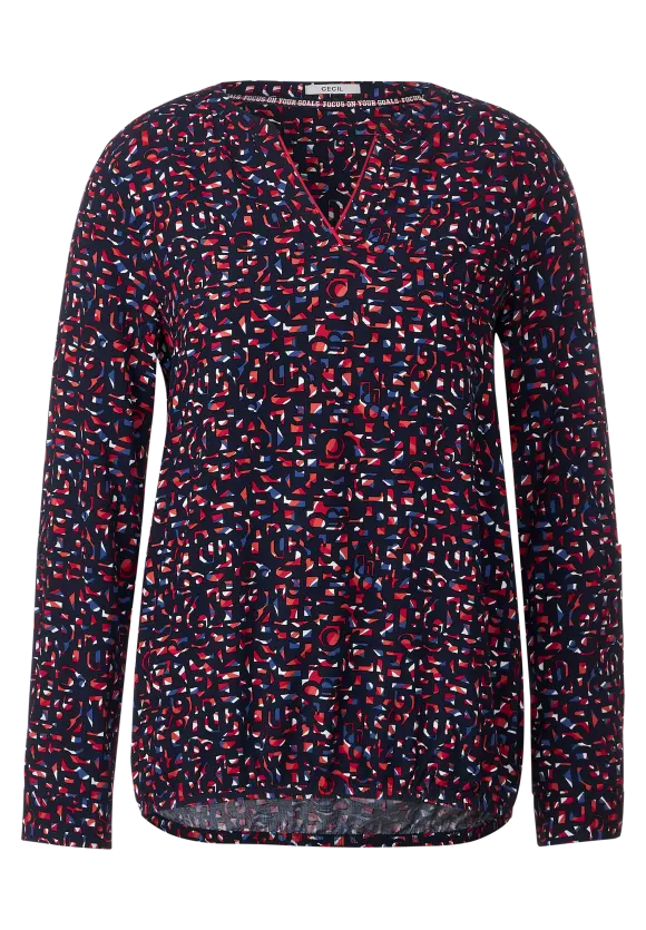 344205- Printed V Neck Blouse- Navy & Red- Cecil