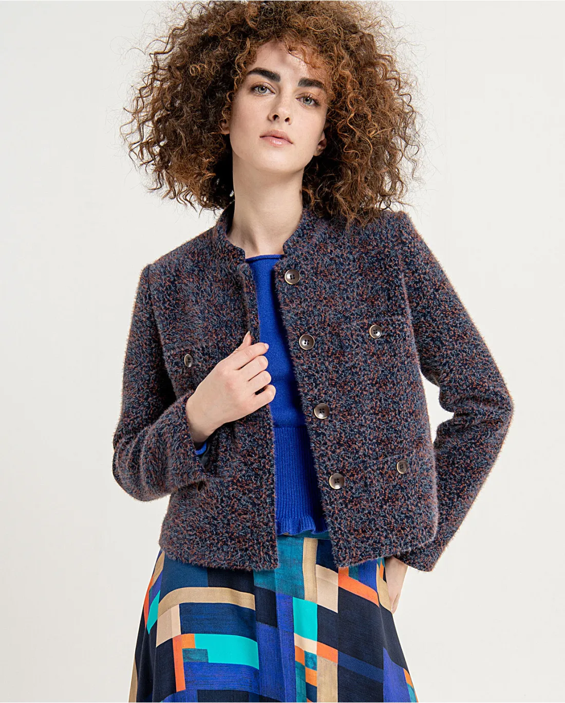 413- Short Button Front Jacquard Jacket- Navy Blue- Surkana