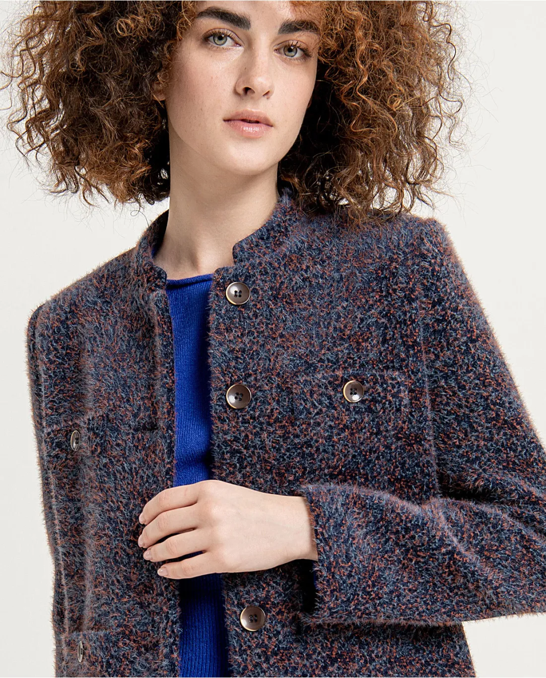 413- Short Button Front Jacquard Jacket- Navy Blue- Surkana