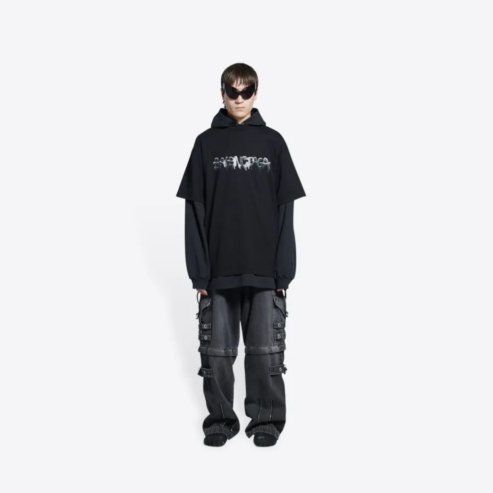 BALENCIAGA  |Men's slime double long sleeve hooded t-shirt  in black