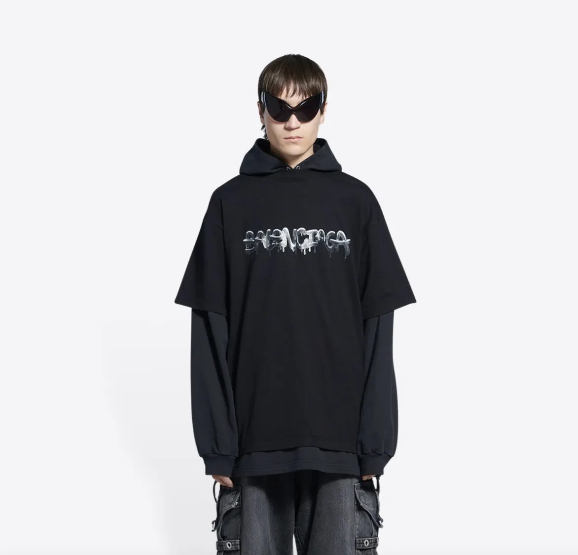 BALENCIAGA  |Men's slime double long sleeve hooded t-shirt  in black