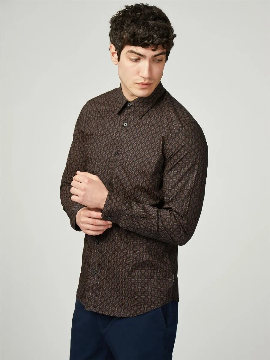 Ben Sherman Long Sleeve Linear Geo Print Shirt Black