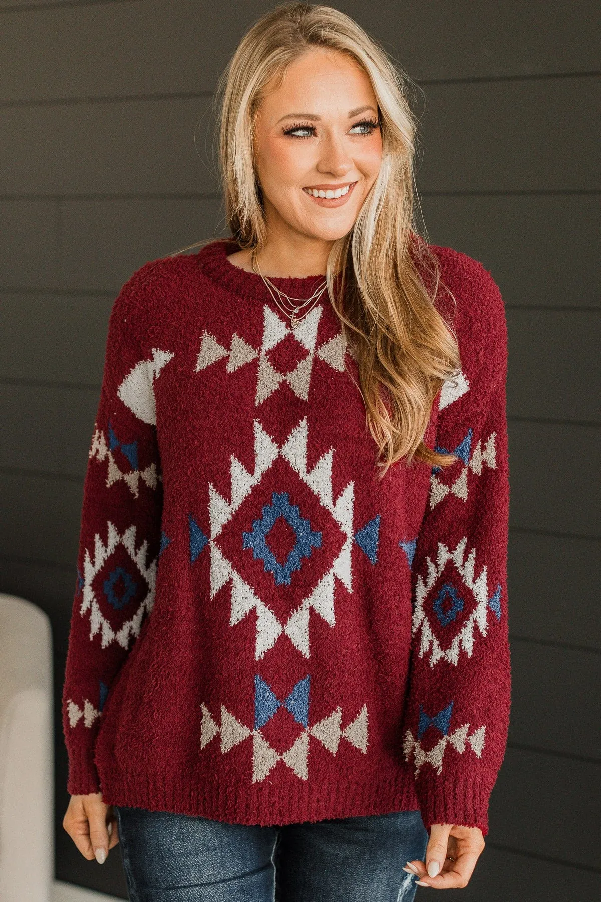 Best Interests Aztec Sweater- Burgundy