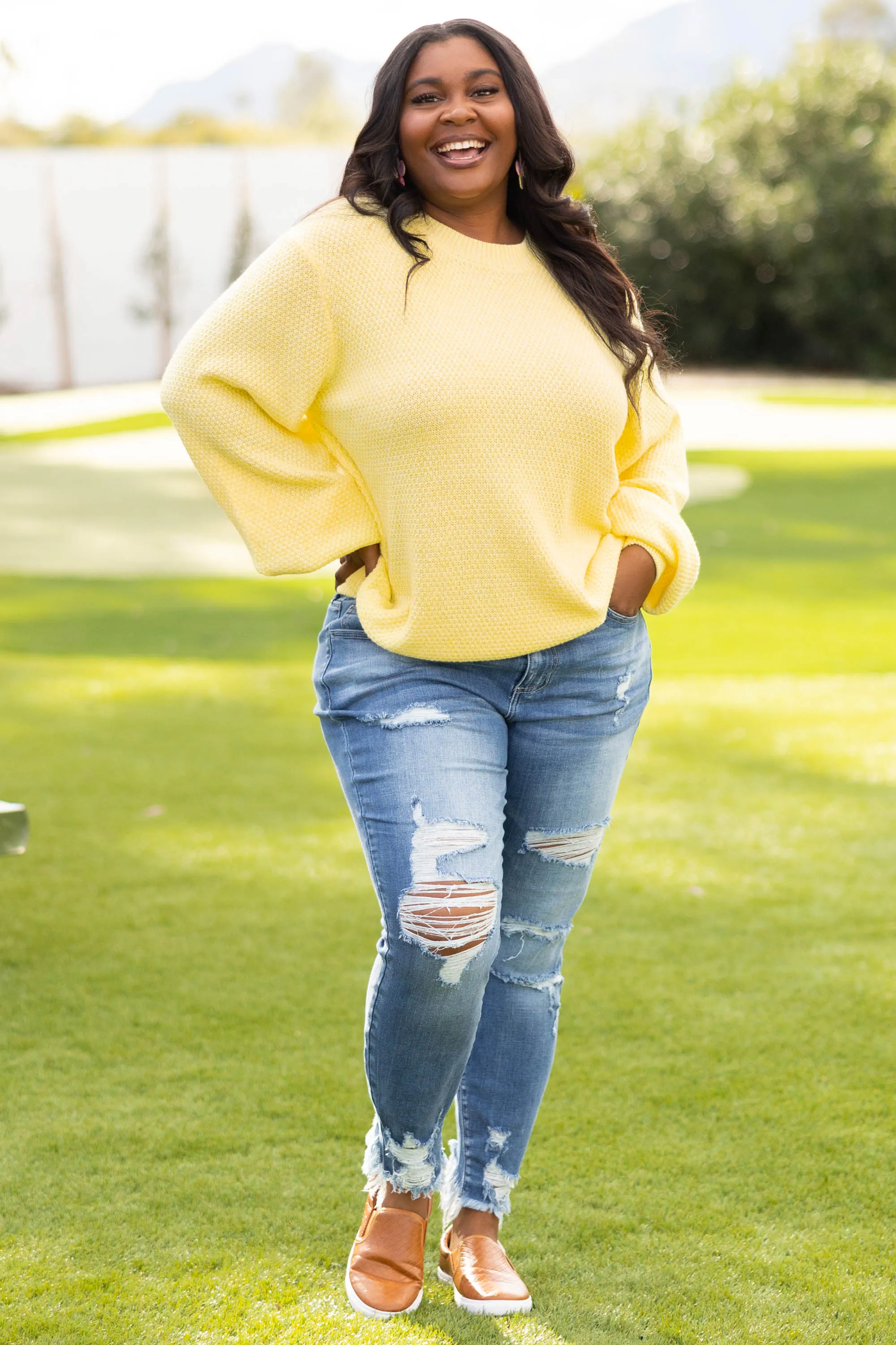 Cozy Bubble Sleeve Sweater, Lemon