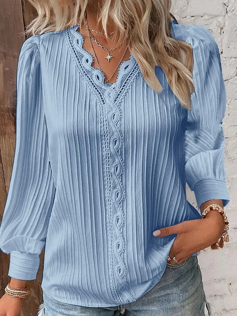 Elegant Women's Lace Shirt Blouse with V-Neck and Long Sleeves