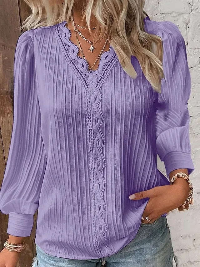 Elegant Women's Lace Shirt Blouse with V-Neck and Long Sleeves