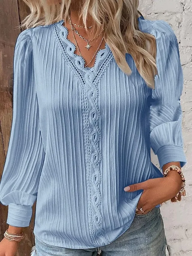 Elegant Women's Lace Shirt Blouse with V-Neck and Long Sleeves