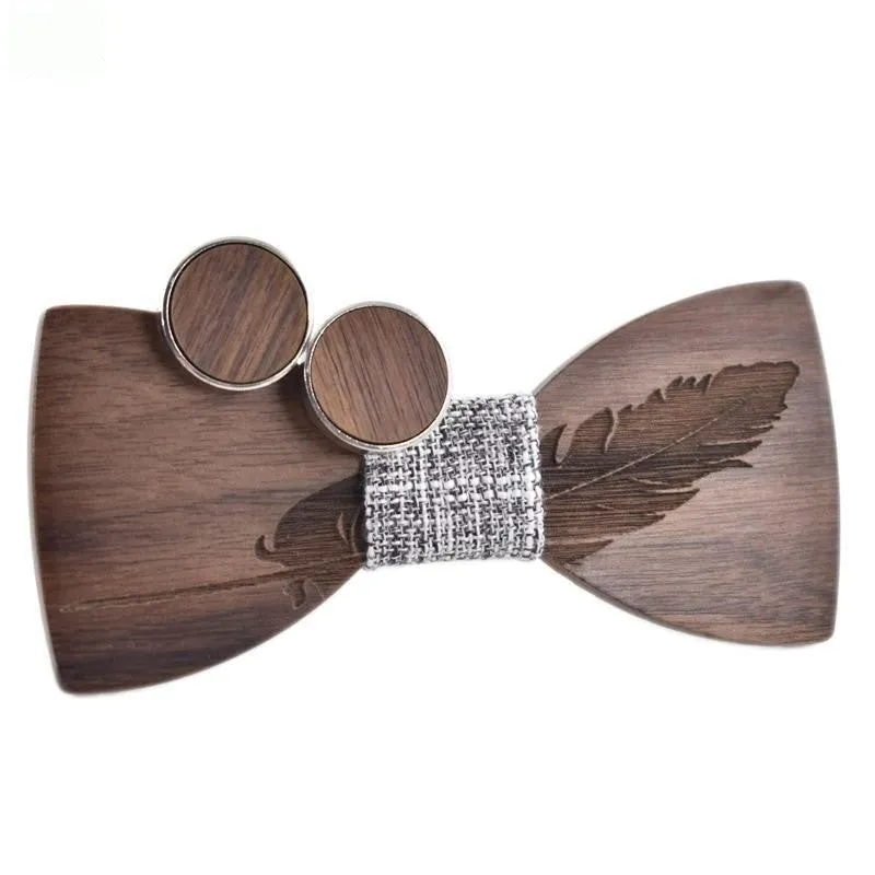 Feather Carved Butterfly Shape Wooden Bowknots for Men Wedding Suits