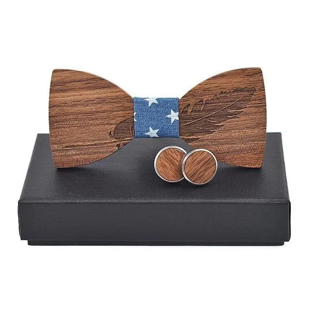 Feather Carved Butterfly Shape Wooden Bowknots for Men Wedding Suits