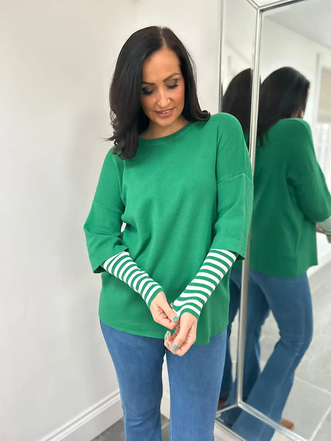 Green Striped Sleeve Knit Tracy