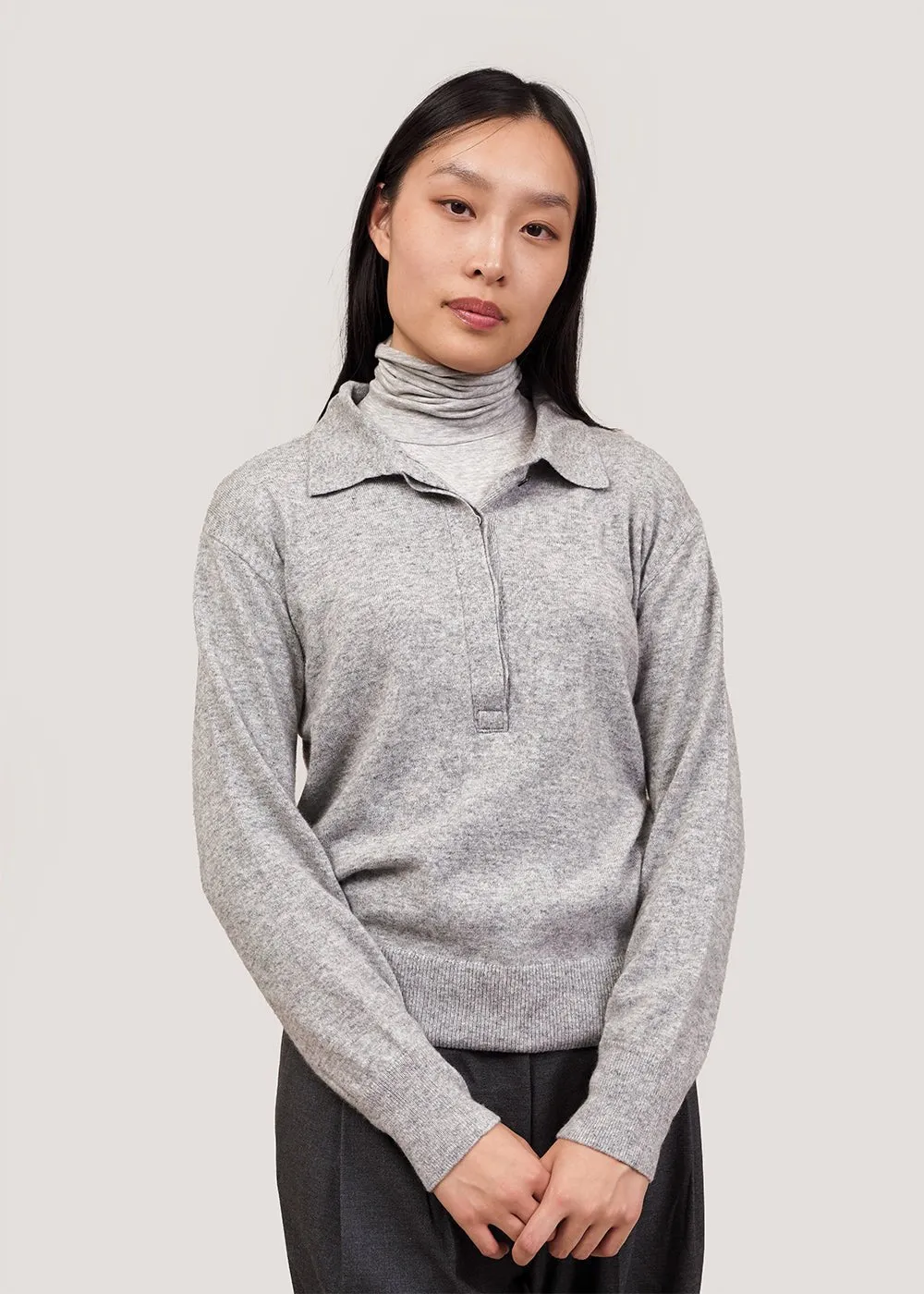 Grey Cashmere Blend Polo Sweater