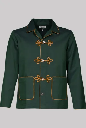 HUSSAR-SHIRT PEACOCKGREEN with gold-gold braiding 100% COTTON Herringbone-Thick, bi-colour-weave, brushed-inside