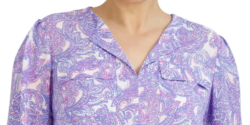 Jones New York Women's Paisley Print Simplified Utility Blouse Blue Size 2X