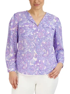 Jones New York Women's Paisley Print Simplified Utility Blouse Blue Size 2X