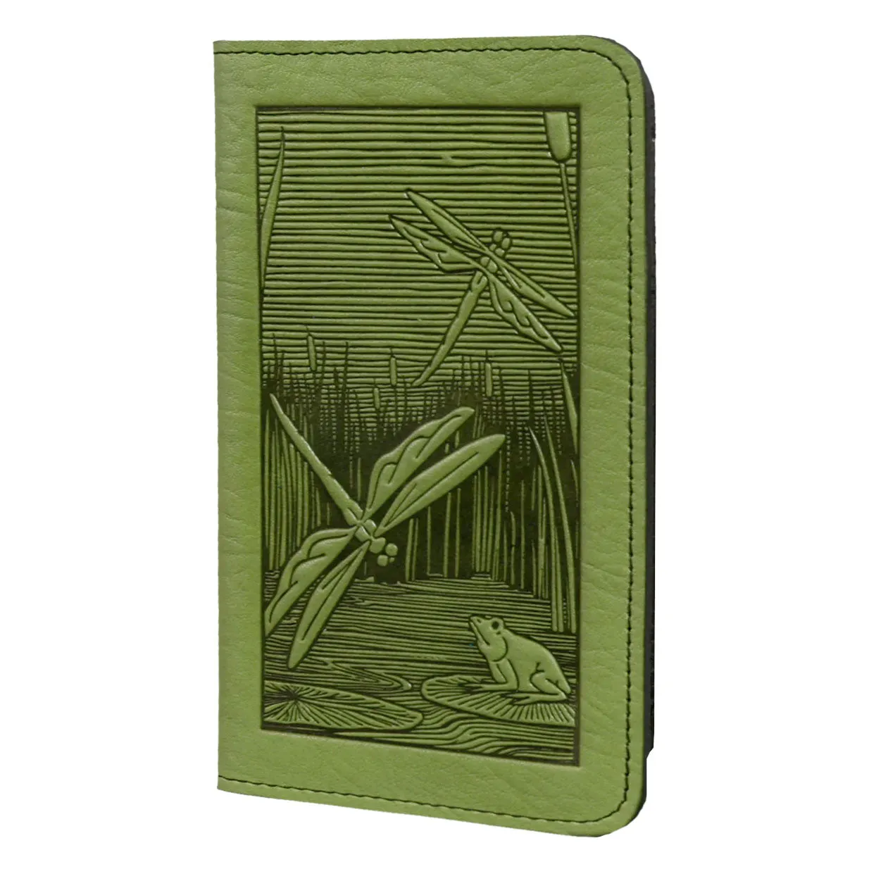 Leather Checkbook Cover - Dragonfly Pond in Fern