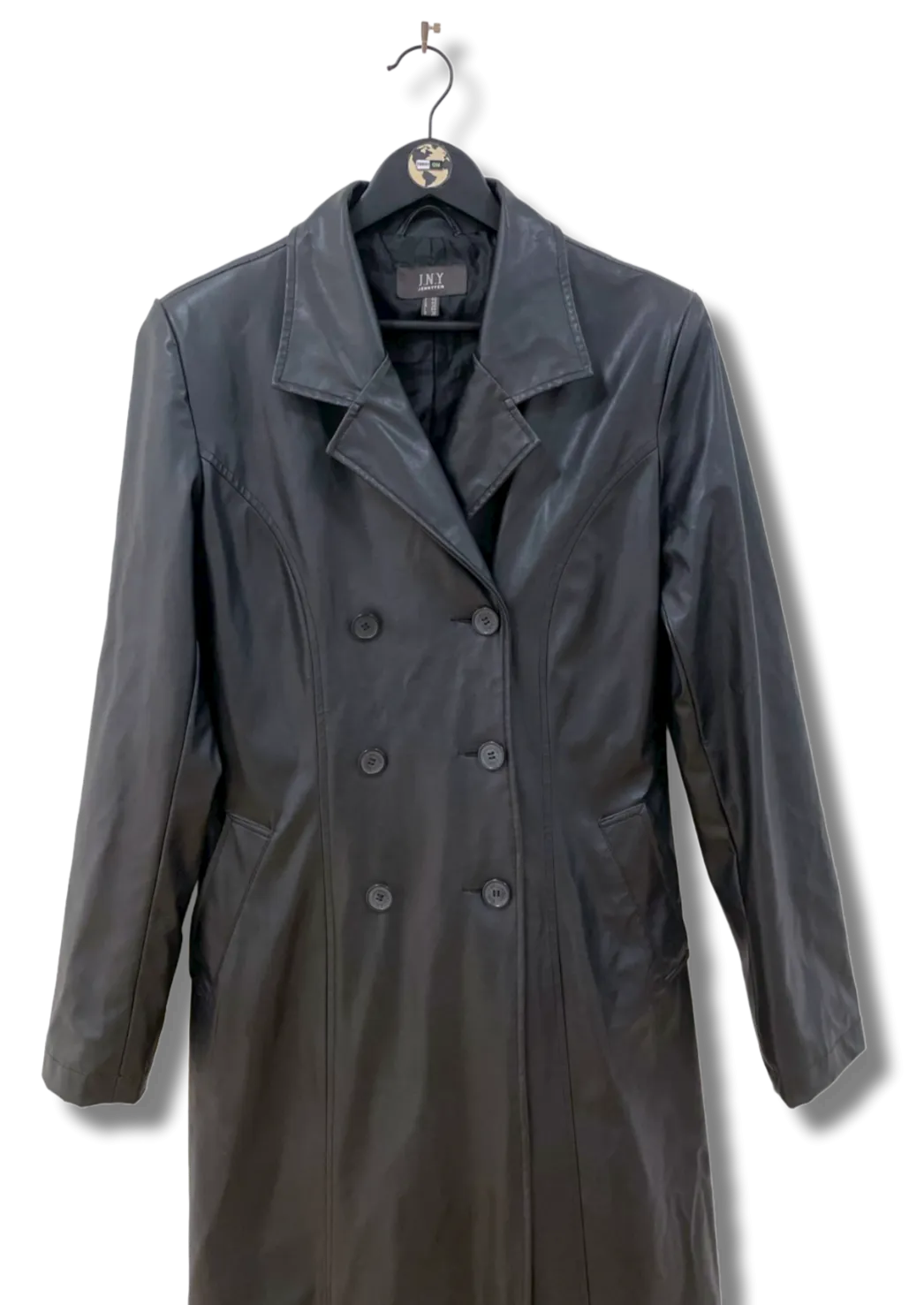 Long Faux Leather Trench Jacket L