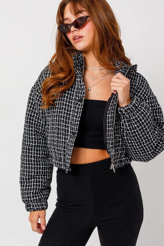 Long-sleeved Tweed Crop Puffer Jacket