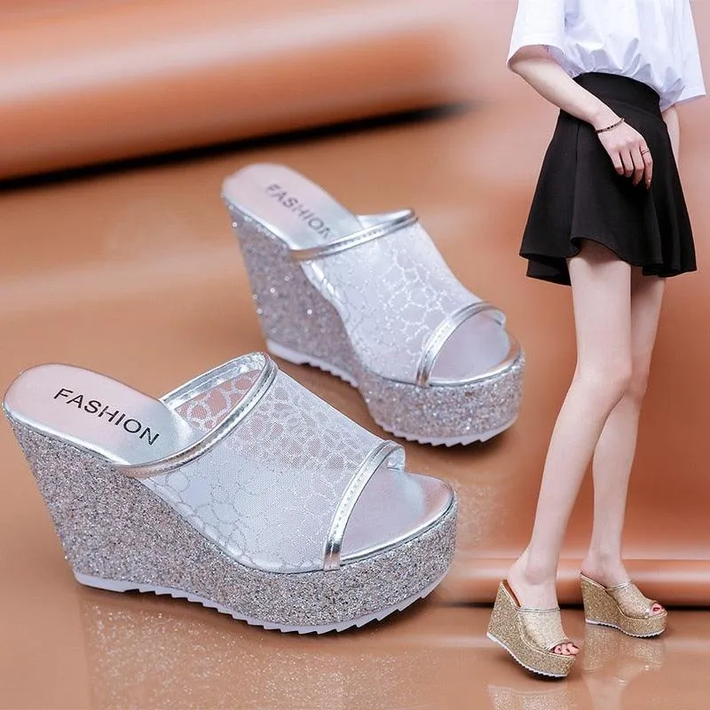 Mesh Platform Slip On Wedge Sandals