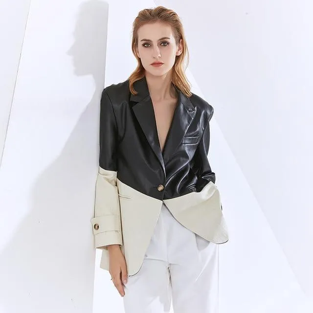 Patchwork PU Leather Blazer Women - Casual - Patchwork