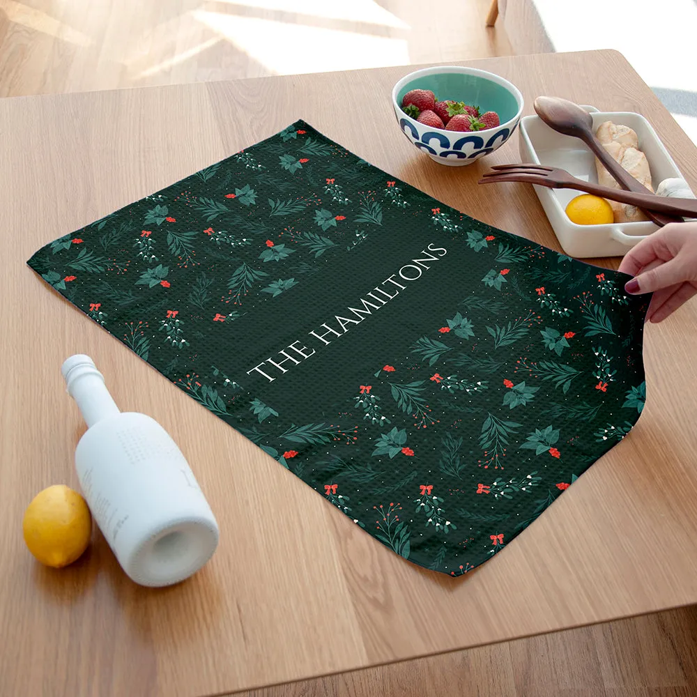 Personalised Christmas Holly Wallpaper Tea Towel