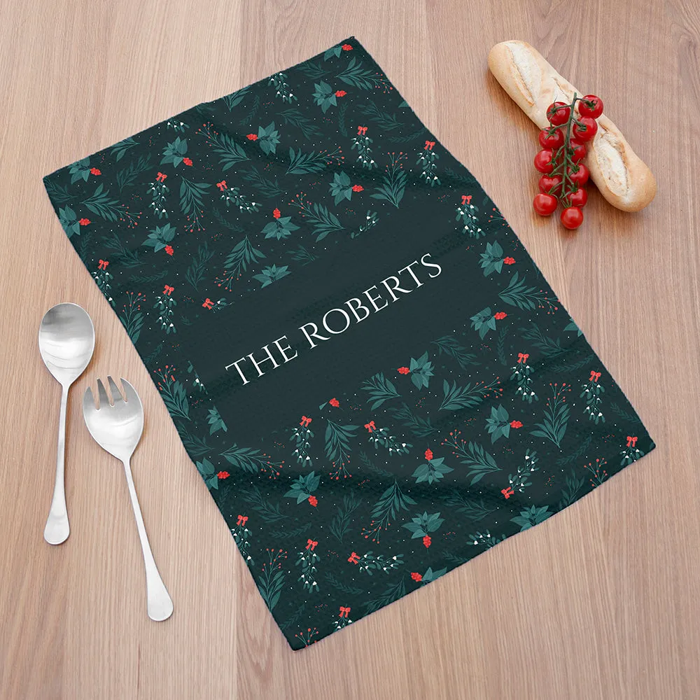 Personalised Christmas Holly Wallpaper Tea Towel