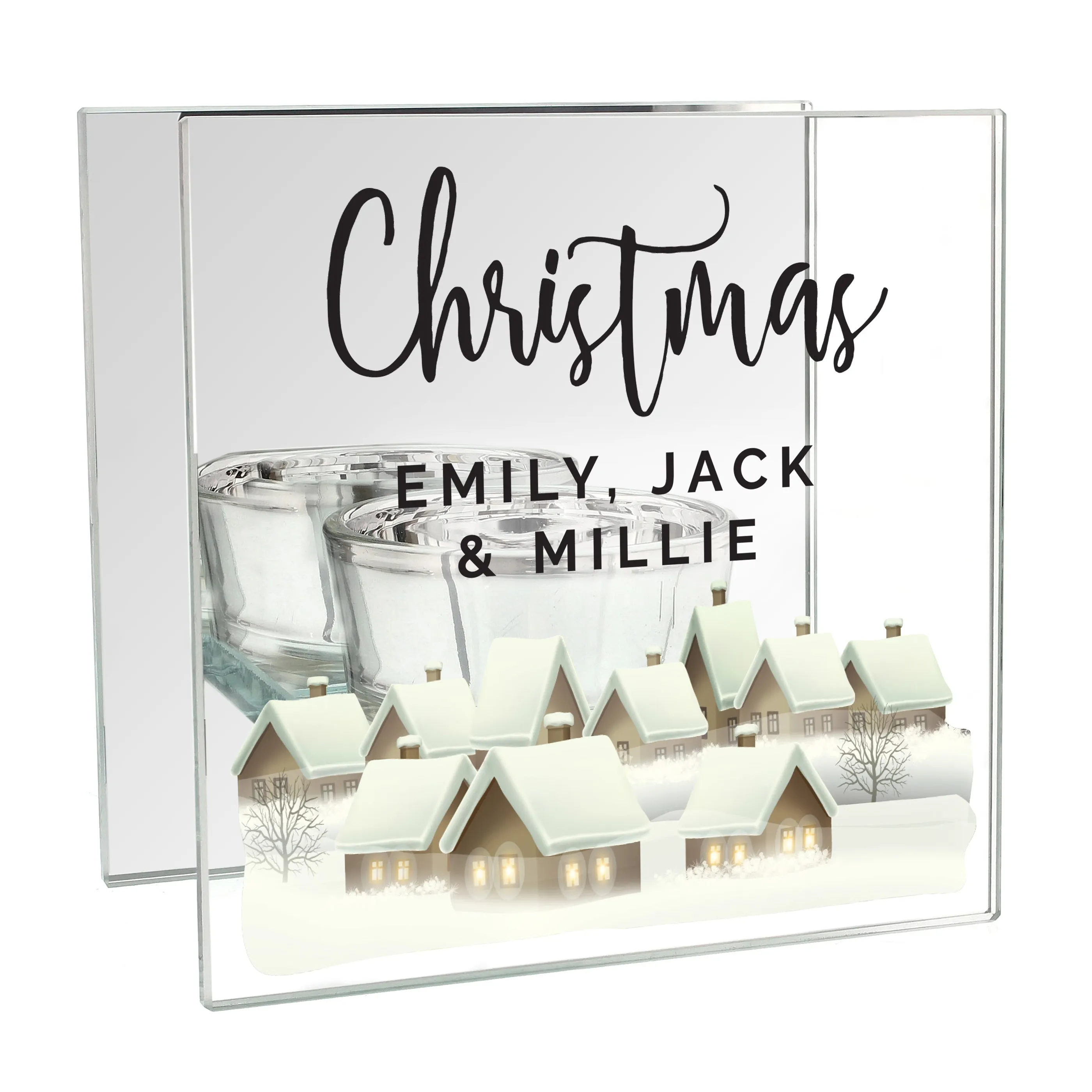 Personalised Christmas Village Mirrored Glass Tea Light Candle Holder