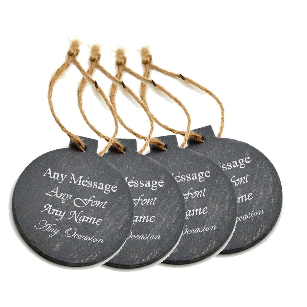 Personalised Engraved Christmas Tree Hanging Slate Decoration - Bauble Design - Set of 4