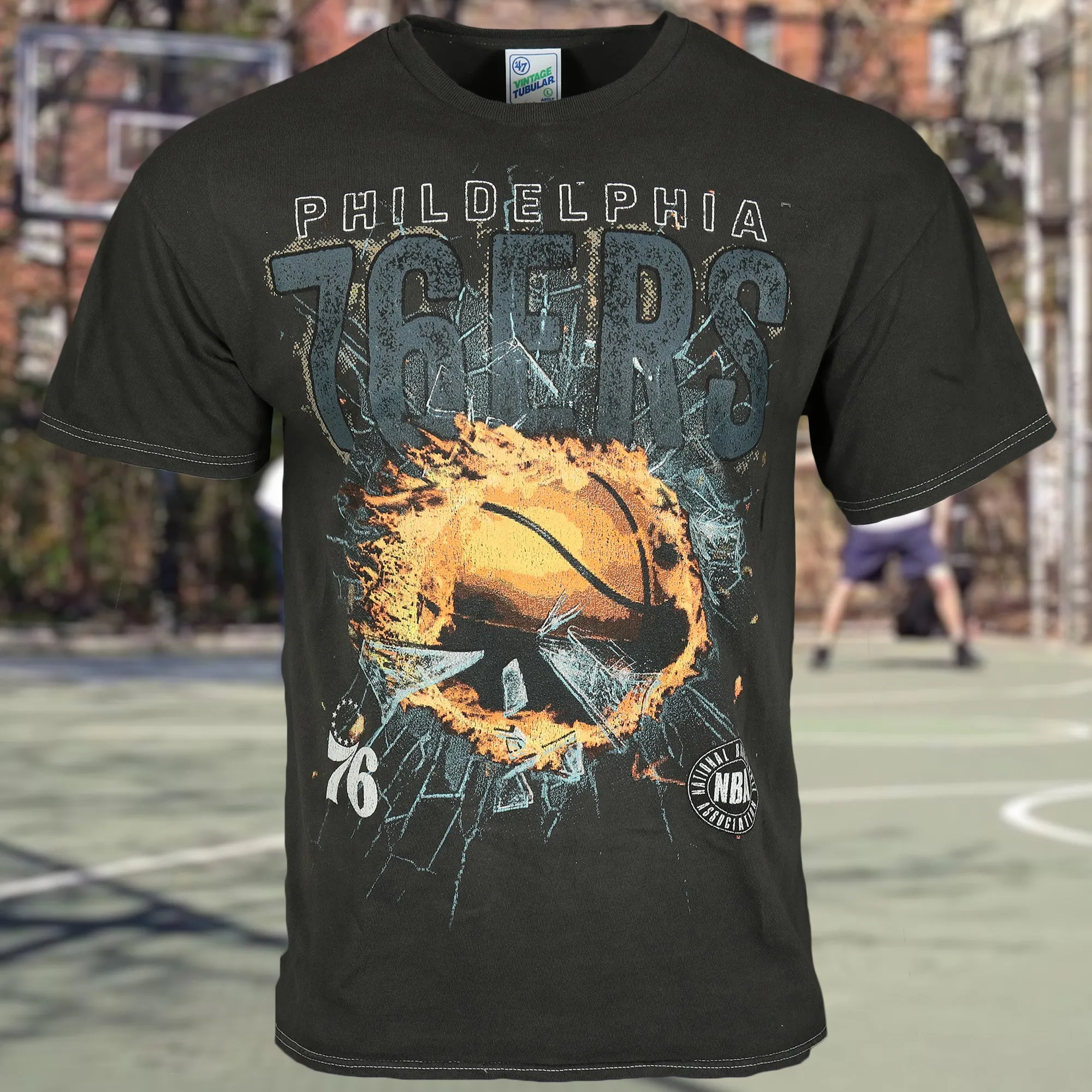 Philadelphia 76ers Flaming Basketball Shattering Glass Vintage Tubular Distressed T-Shirt | Flint Black