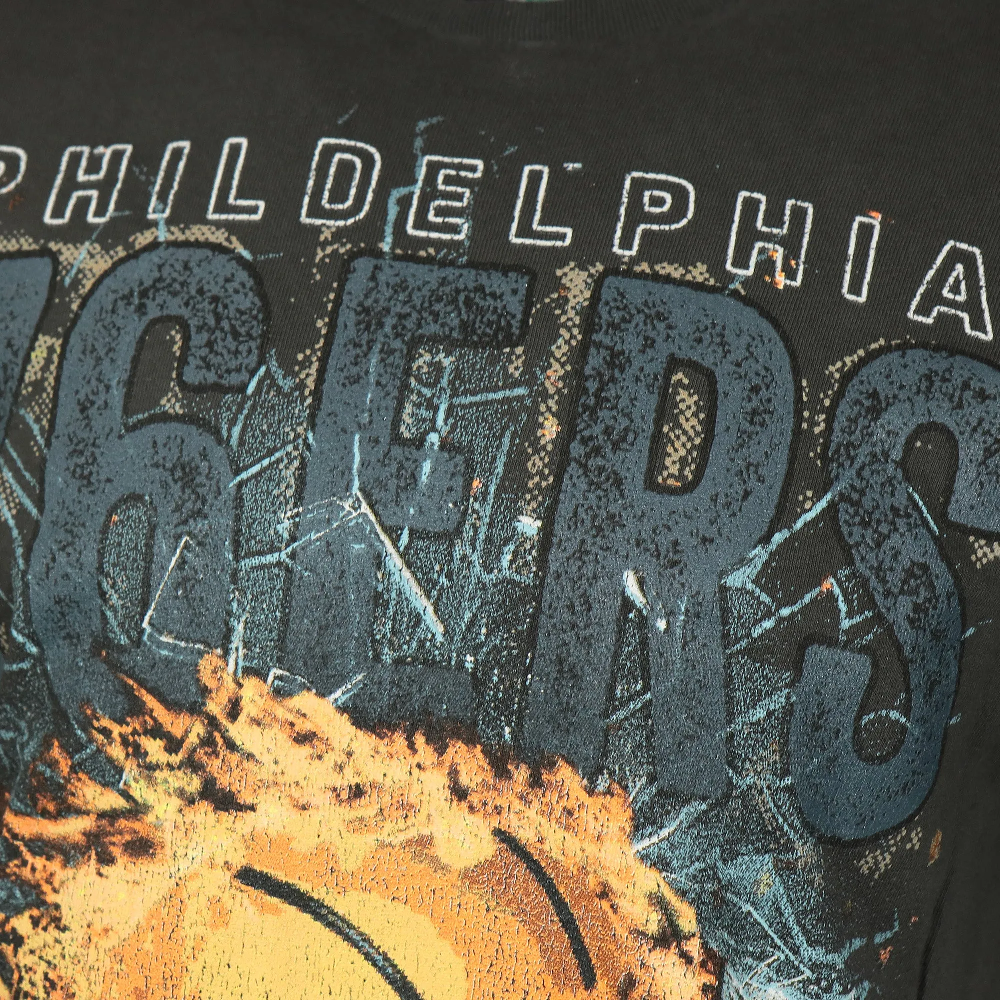 Philadelphia 76ers Flaming Basketball Shattering Glass Vintage Tubular Distressed T-Shirt | Flint Black