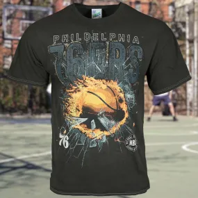 Philadelphia 76ers Flaming Basketball Shattering Glass Vintage Tubular Distressed T-Shirt | Flint Black