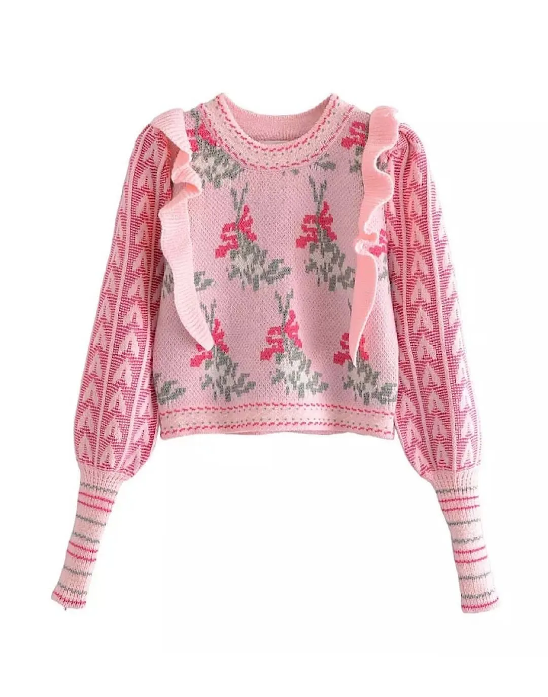 Pink Floral Ruffle Knit Sweater