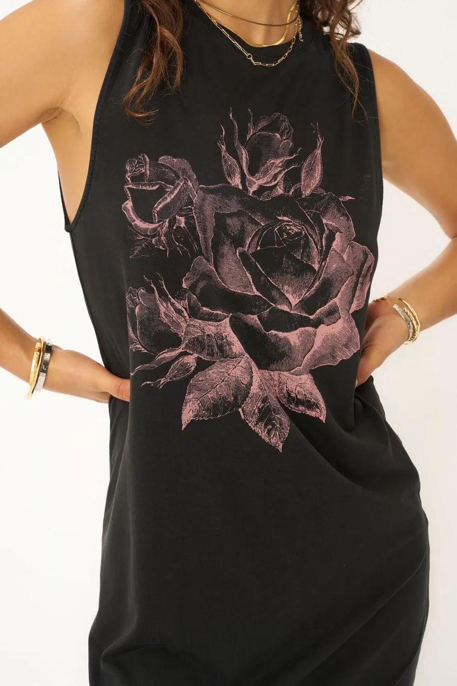 Project Social T Roses Tank Dress In DW Black