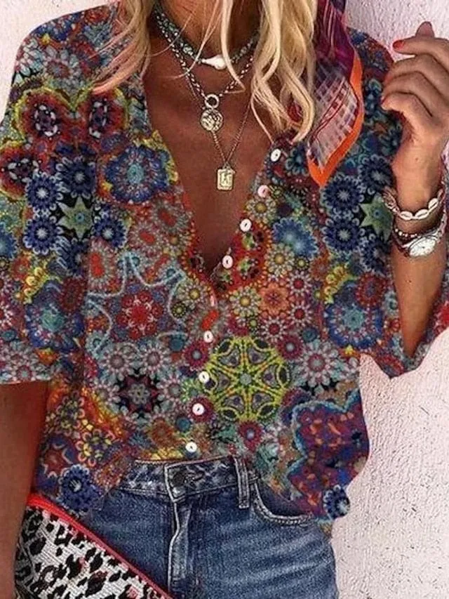 Rainbow Floral Print Long Sleeve Shirt Blouse for Women