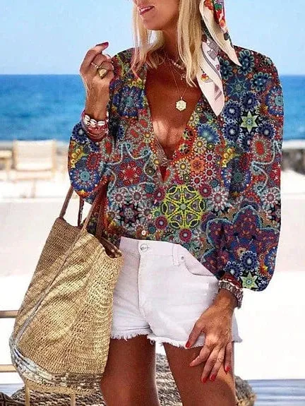 Rainbow Floral Print Long Sleeve Shirt Blouse for Women