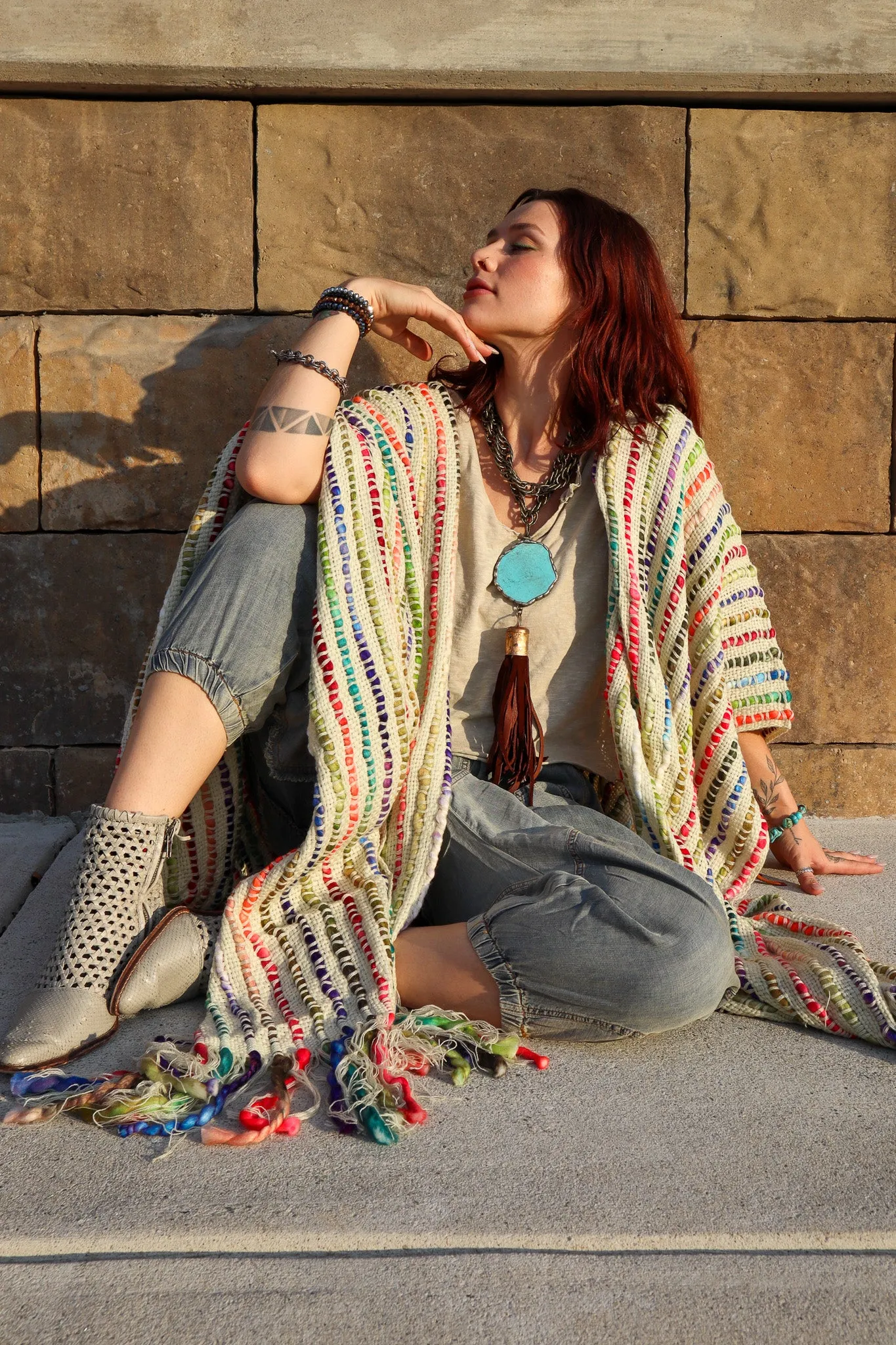 Sale Multicolored Boho Winter Cape Kimono Throw