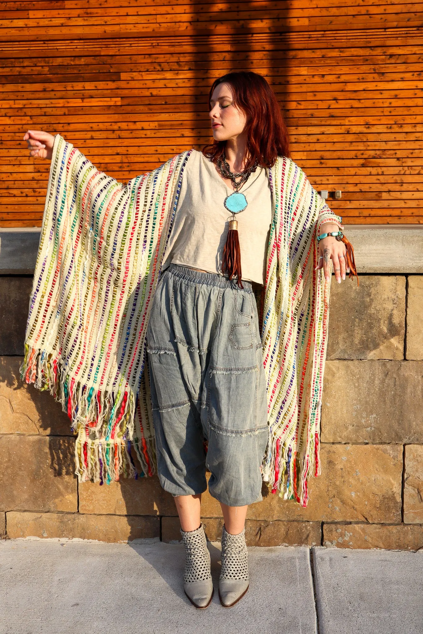 Sale Multicolored Boho Winter Cape Kimono Throw