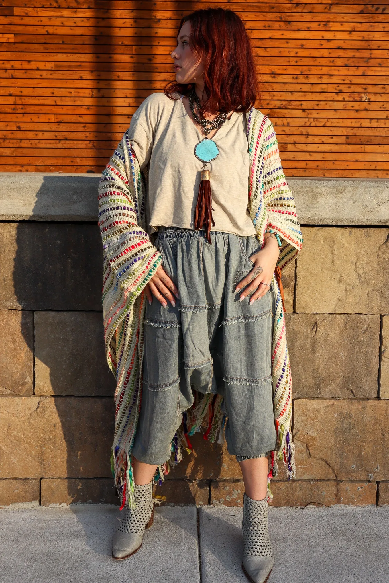 Sale Multicolored Boho Winter Cape Kimono Throw