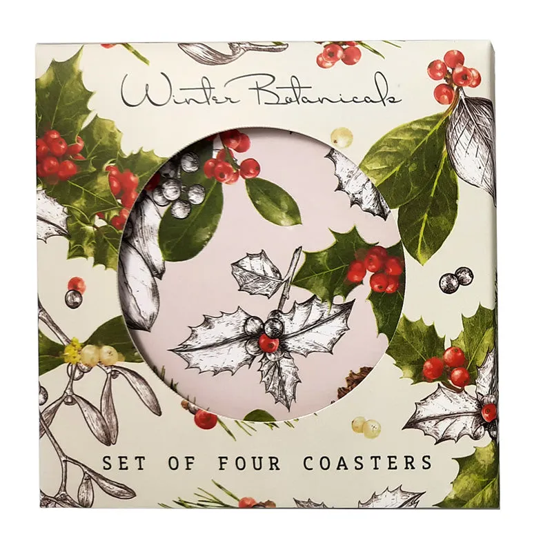 Set of 4 Cork Novelty Coasters - Christmas Winter Botanicals XKP75