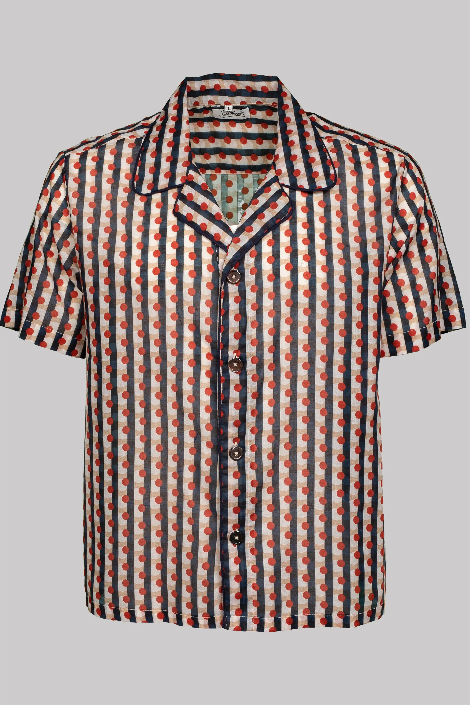 SHORT-SLEEVED-CAYENNE-COLLAR-SHIRT JAPAN with navy piping 100% COTTON Voile Medium-Stripes digital-print