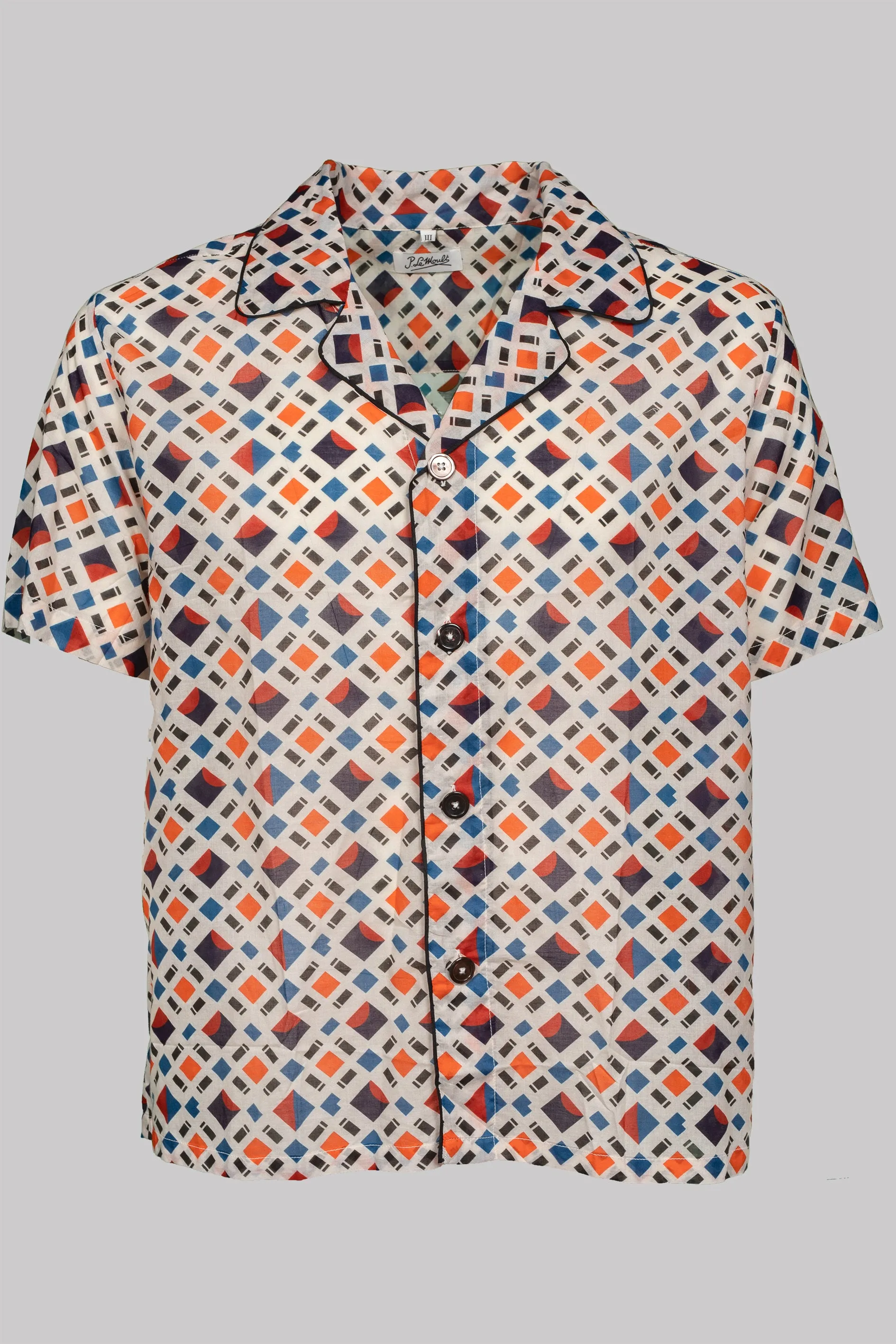 SHORT-SLEEVED-CAYENNE-COLLAR-SHIRT KOREA with black piping 100% COTTON Voile Medium-Stripes digital-print