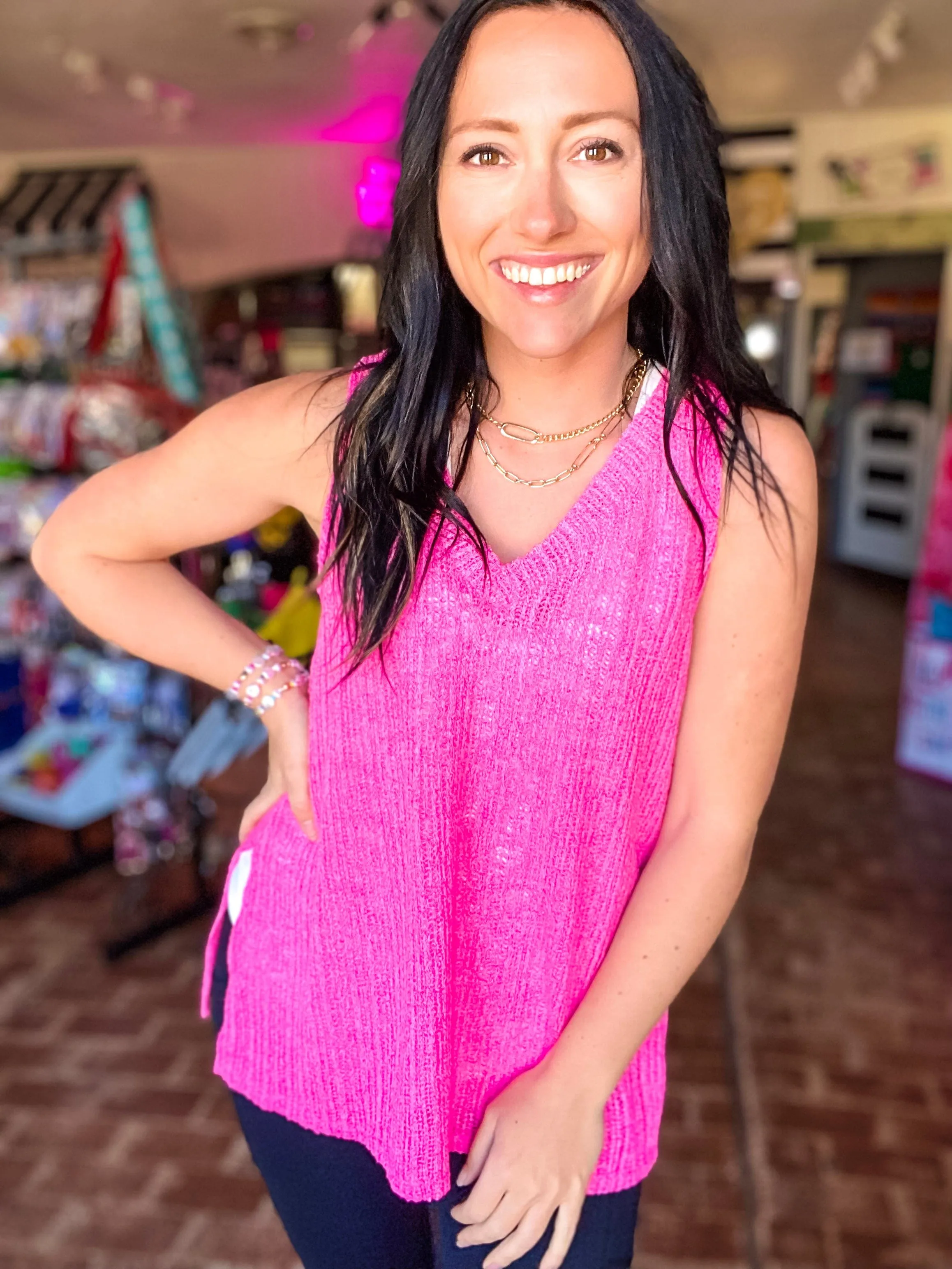 Sleeveless Vneck Sweater in Pink