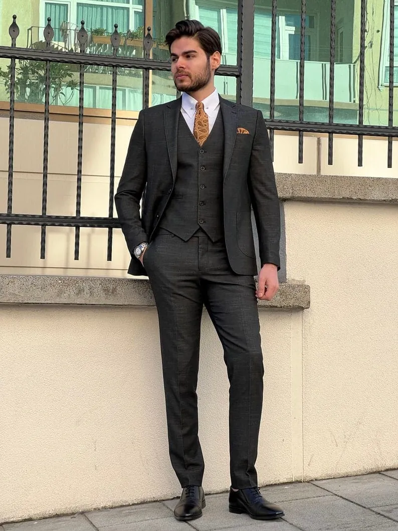 Slim Fit Self-Patterned Wool Black Tailored Suit