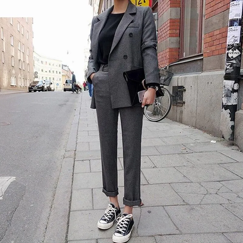 Spring Casual Women's Double Breasted Jacket Elastic Waist Pants Suits