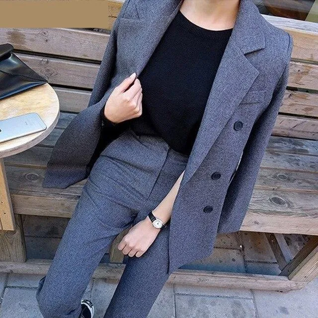 Spring Casual Women's Double Breasted Jacket Elastic Waist Pants Suits