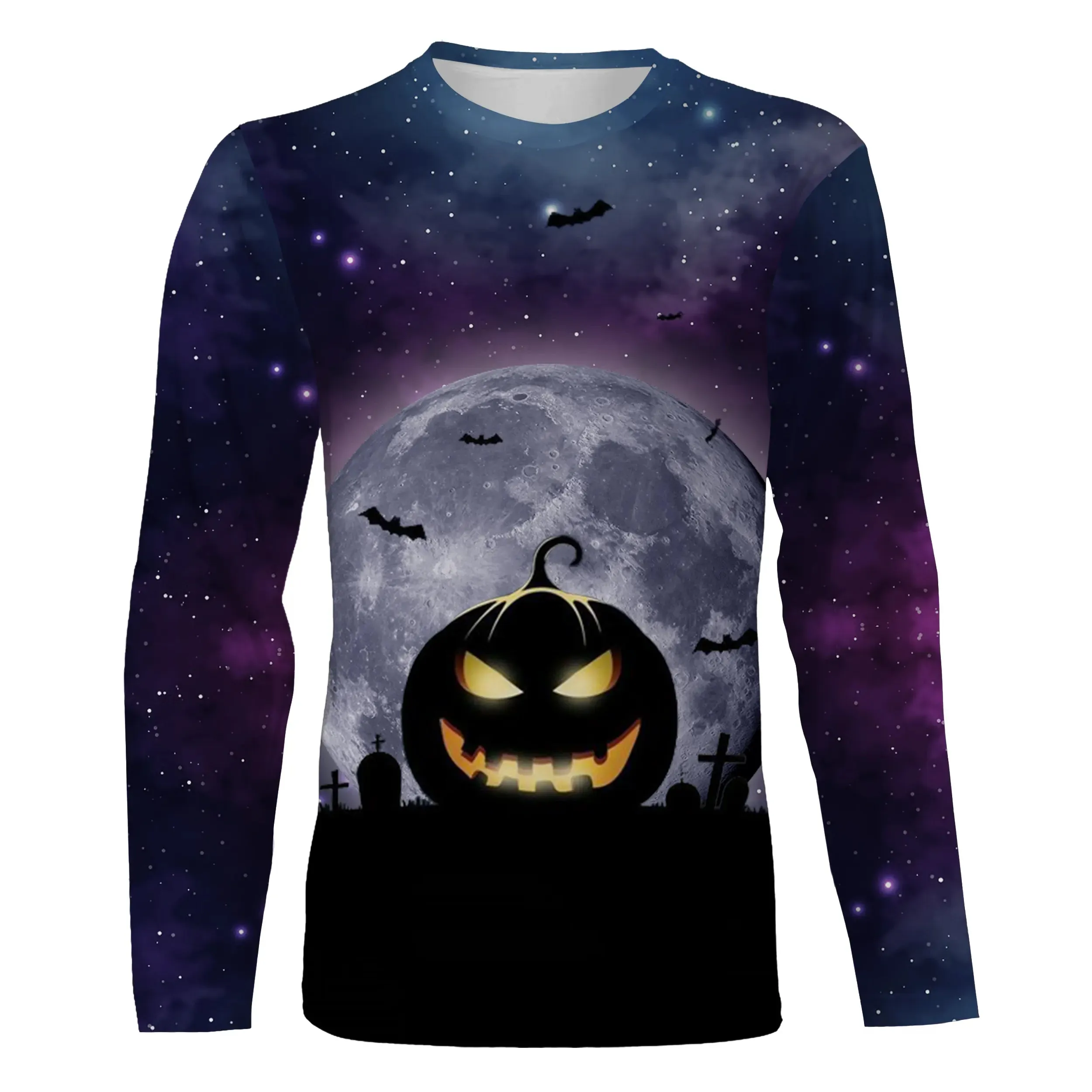 T-shirt Halloween, Citrouille Tête Halloween Horreur, Cimetière, Chauve-souris, Lune Noire - CT26082230