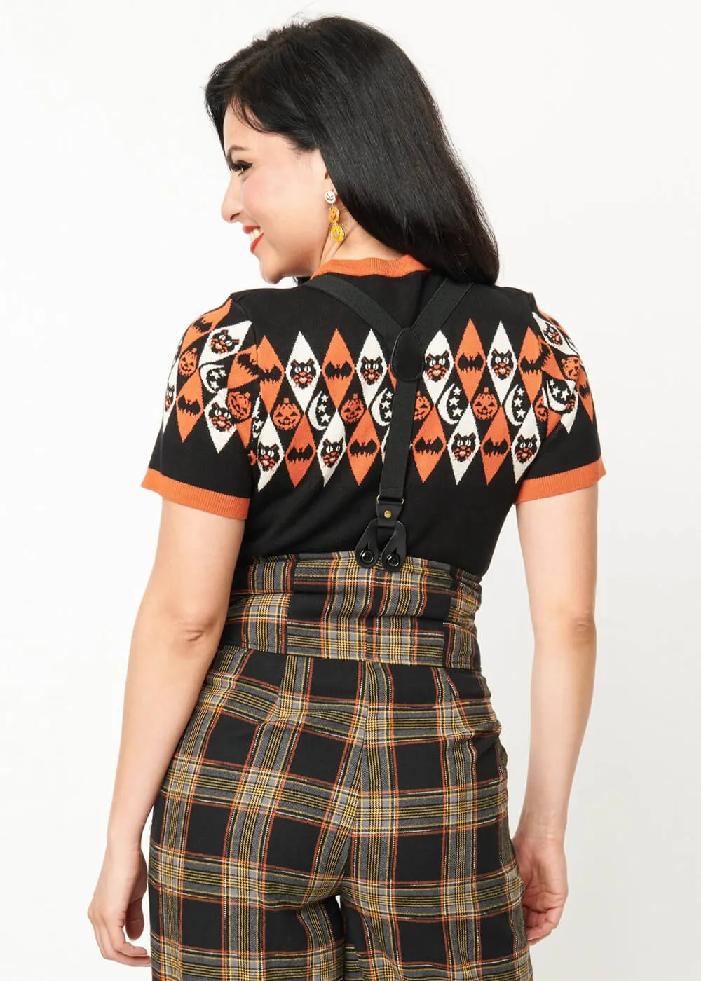 Unique Vintage Halloween Argyle Top Black Orange