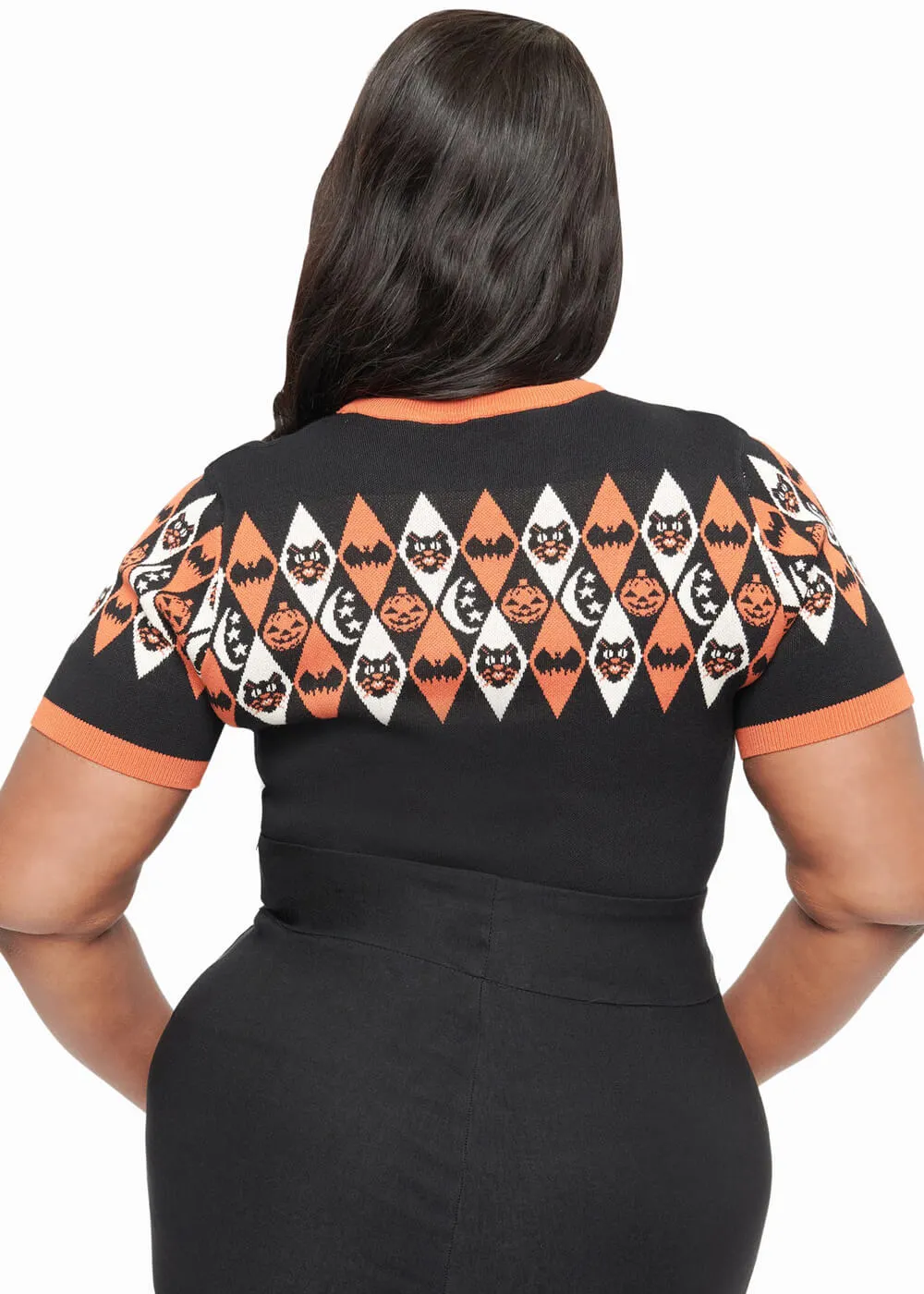 Unique Vintage Halloween Argyle Top Black Orange