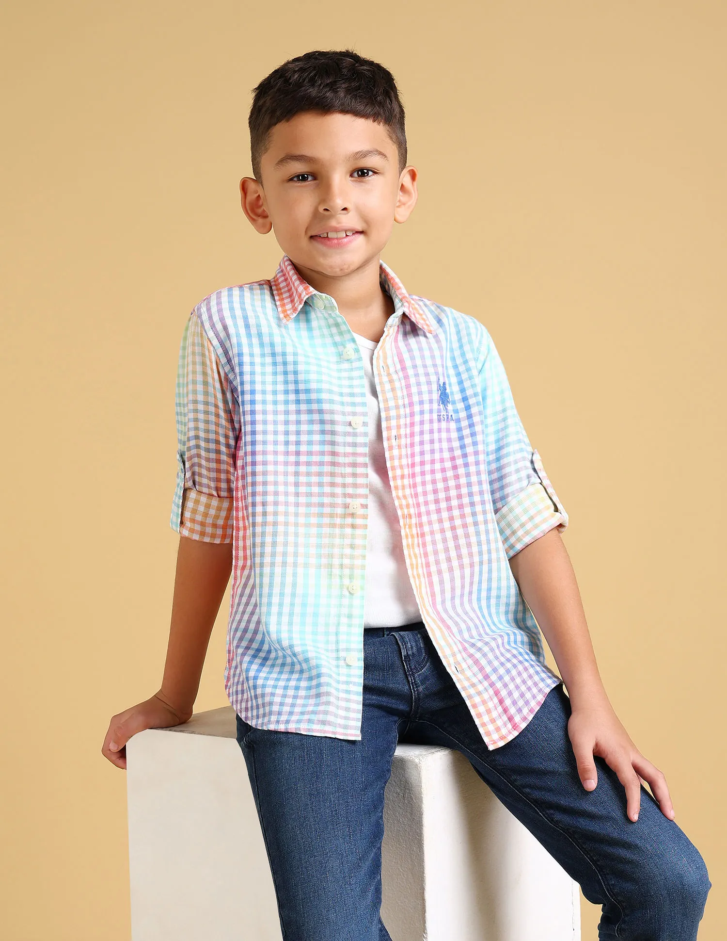 U.S. Polo Assn. Kids Boys Regular Fit Windowpane Checks Shirt